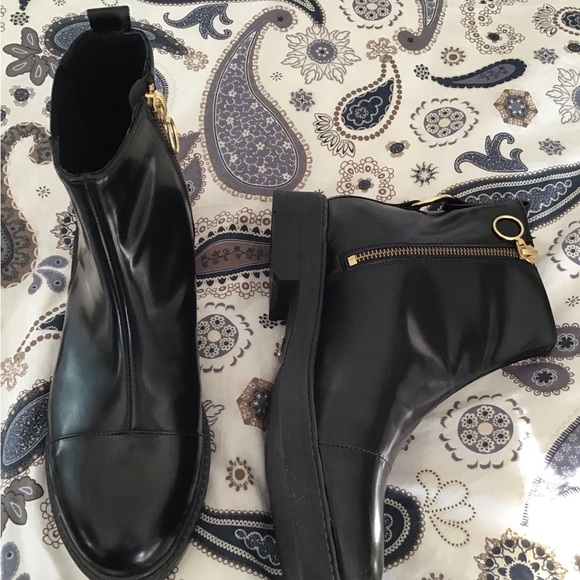 Black Leather Ankle Boots with Gold Zipper - Picture 2 of 8